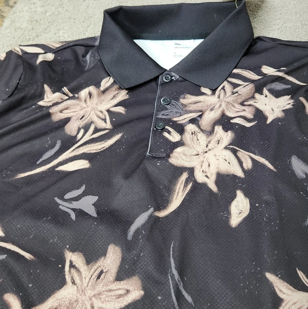 Men's Floral Print Textured Polo Shirt - All In Motion Black/Gray XL